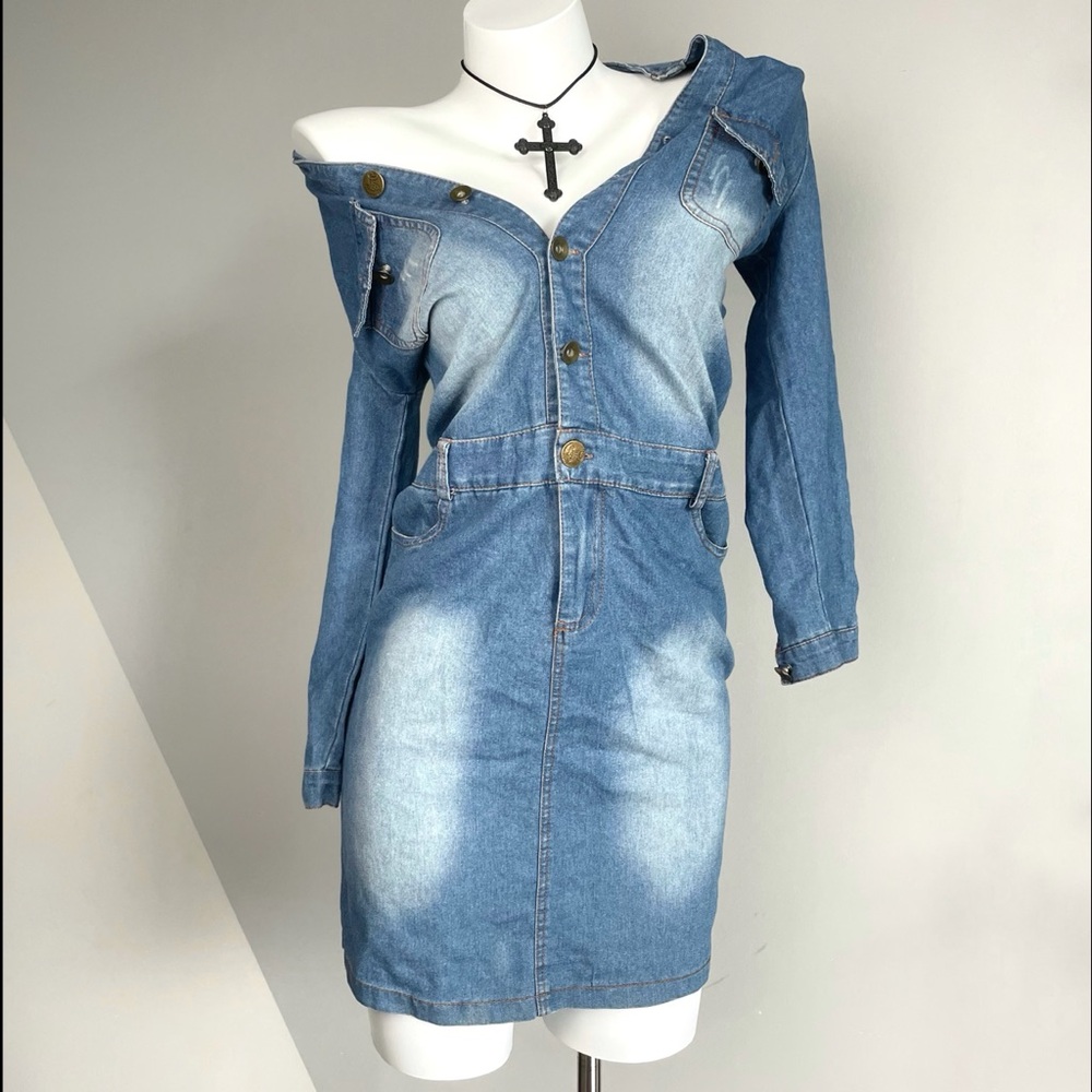 Vintage Denim Long Sleeve Button Up Dress